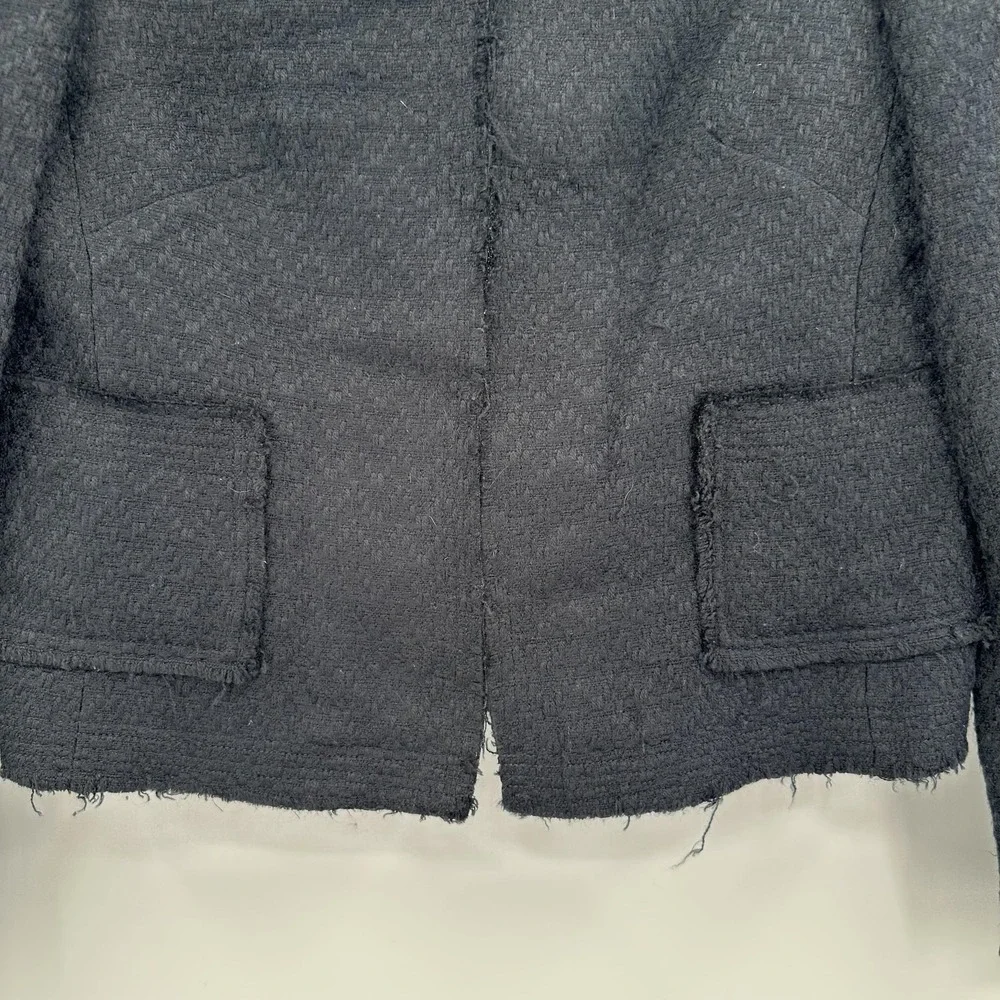 Walter Jacket Womens 8 Black‎ Collarless Open Front Tweed Boucle Fringe Pockets